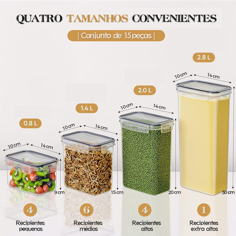 Kit 15 Potes Tampa Hermético Porta Alimentos Mantimentos Armário Cozinha (Kit 15)